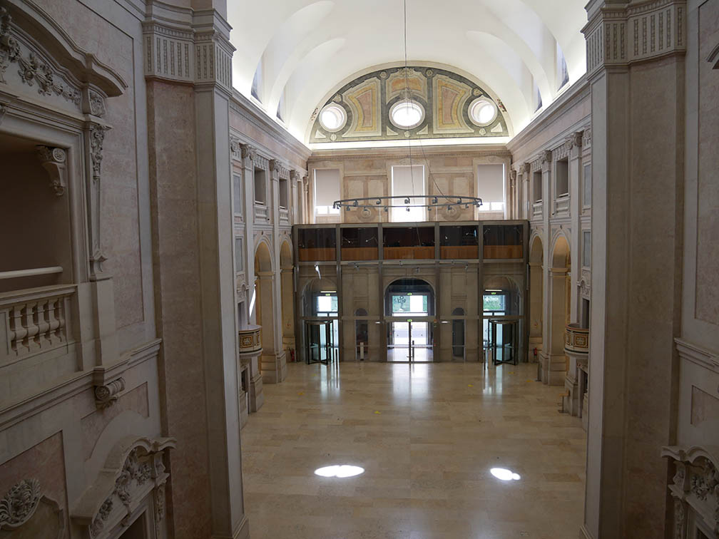 entirety of the Lisbon Mint Museum dinheiro museum great hall all in light pink marble