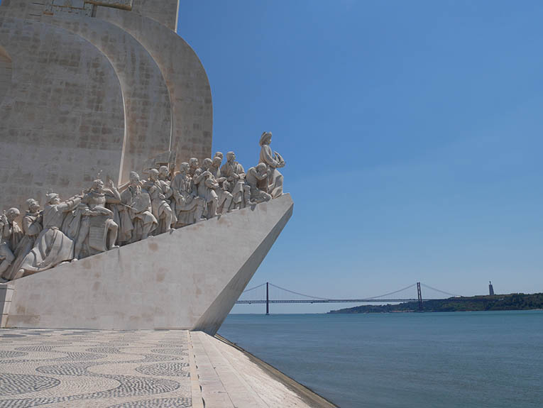 along the Tagus river in front of the monument of discoveries on Padrāo Dos Descobrimentos and the bridge of April 25 